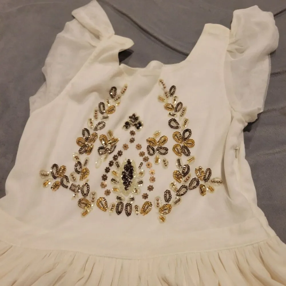 Mia Joy Girls Ivory Maxi Dress With Gold Embellished Bodice Flutter Sleeves & Fl - Picture 6 of 16